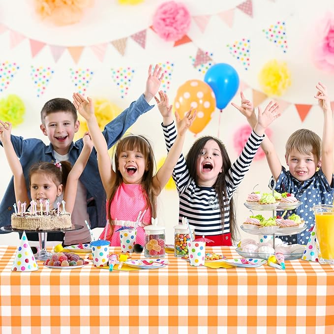 WNINK 2 Pack Orange and White Checkered Rectangular Plastic Tablecloths, Orange Gingham Waterproof Disposable Table Covers 54" x 108" for Birthday, Wedding, Outdoor Picnic Camping Parties