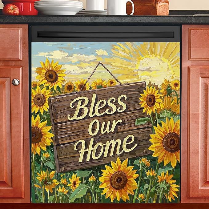 Dishwasher Magnet Cover 23x26 in Rustic Sunflower Field with Bless Our Home Wooden Sign Dishwasher Cover for Kitchen Appliance Decoration Front Panel Sticker Skin Panel Home Decor Decal