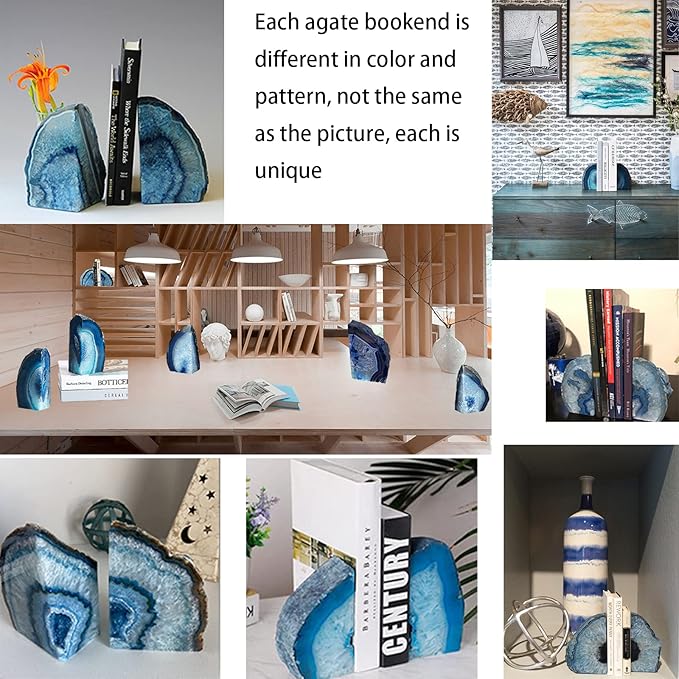 JIC Gem Agate Bookends Dyed Blue Book Ends for Heavy Books Geode Bookends for Bookshelf Decor Cute Stone Bookends with Rubber Bumpers for Office Décor and Home Decoration(1 Pair,6 to 8 Lbs)