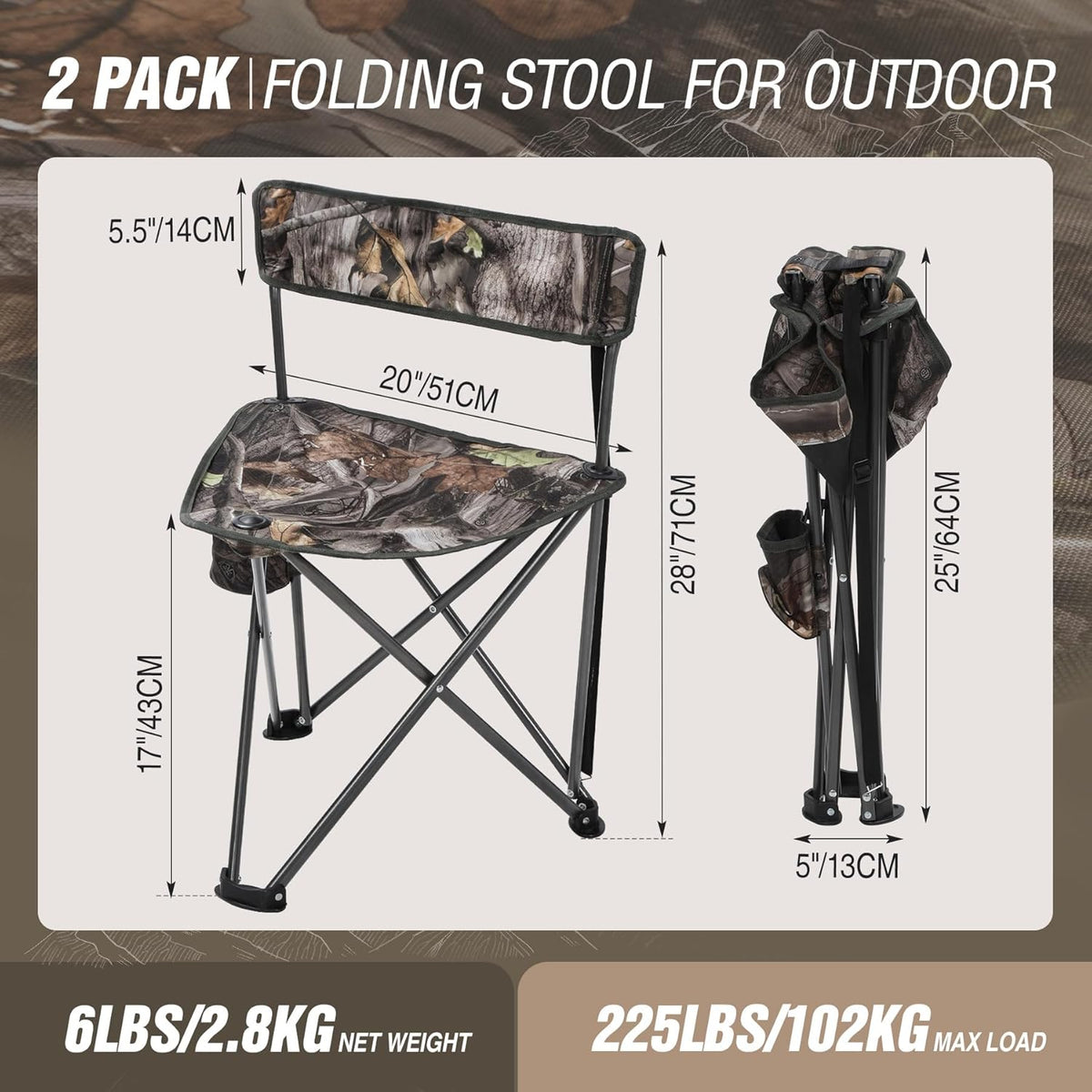 REDCAMP 2 Pack Tripod Hunting Chairs for Blinds, Folding Lightweight Portable Fishing Chair for Adults Hunting Stools with Backrest, Golf Chairs for Spectators, Camo