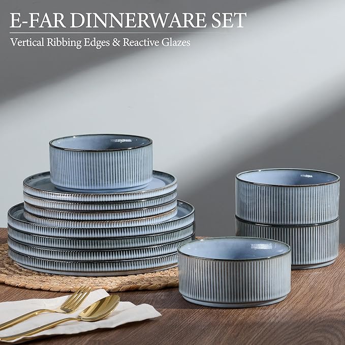 E-far 12-Piece Plates and Bowls Sets, Stoneware Dinnerware Dishes Sets for 4, Kitchen Modern Dining Dishware, Chip & Scratch Resistant, Microwave & Dishwasher Safe, Dusty Blue