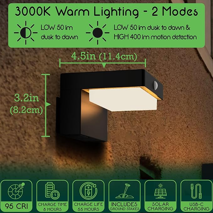Square Solar Wall Lights - Solar Powered Wall Lamps - LED Lights - PIR Sensor & Two Lighting Modes - Rechargeable Battery Lasts Up to 55 Hours - 3000K - IP44 Weather Resistant - 2 Pack