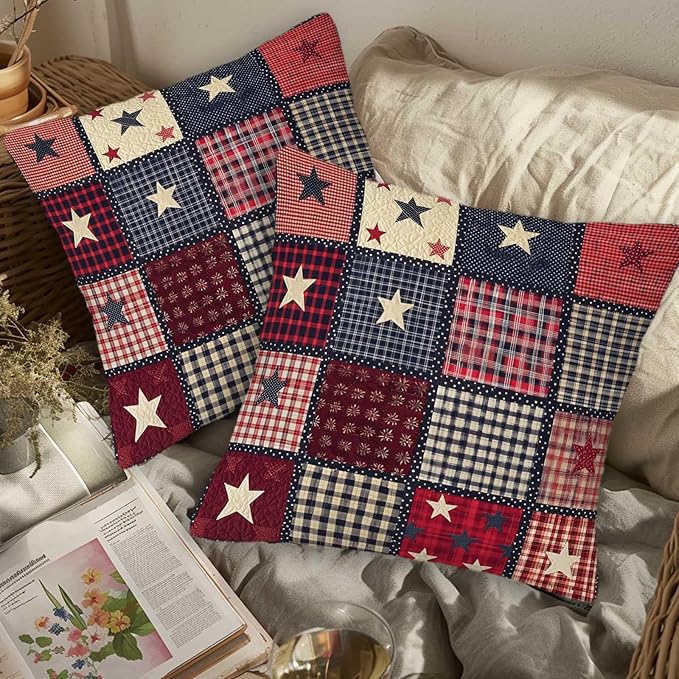 Flag Patchwork Print Throw Pillow Covers Set of 2 | 18x18 Inches Cushion Cases for Couch, Sofa, Bedroom and Living Room | Farmhouse Pillowcases for Home Decoration