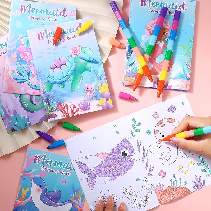 BenLouis 24 Mermaid Mini Coloring Books Kids with 24 Stacking Crayons Little Mermaid Theme Party Favors Activity Books Bulk for Kids Ocean Birthday Goodie Bag Gift Stuffer Classroom Reward