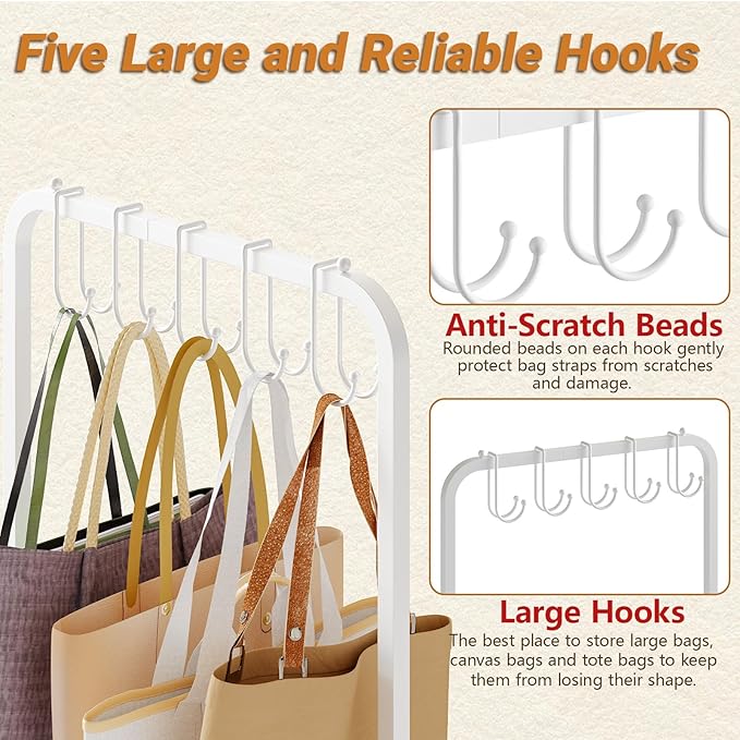 Tall Purse Organizer Stand with 3-Tier Thick Wood + 1-Tier High-Density Mesh, Adjustable Interchangeable, Slim Narrow Freestanding Handbag Rack with 5 Large & 6 Side Hooks, Closet Bag Storage White