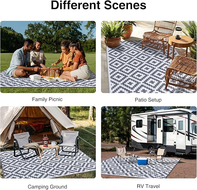 OLANLY Waterproof Outdoor Rug 8x10 ft, Reversible Plastic Straw Patio Rug for Camping, RV Mat Outside, Indoor Outdoor Carpet for Porch, Deck, Backyard, Camper, Balcony, Picnic, Grey & White