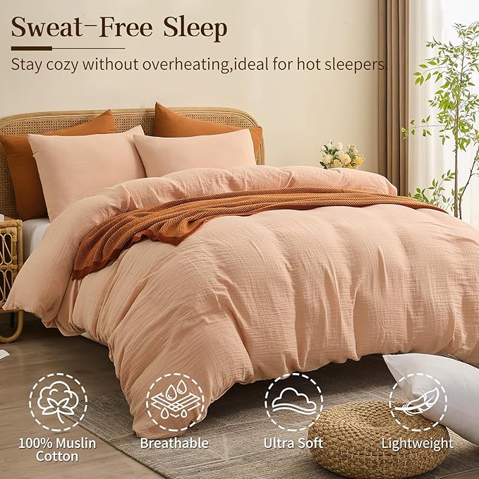 MEISHANG Muslin Duvet Cover King Size - 100% Organic Cotton, Soft Textured Gauze Weave Comforter Cover for Breathable All-Season with Zipper Closure - 3 Piece Set (King, Cameo Rose)