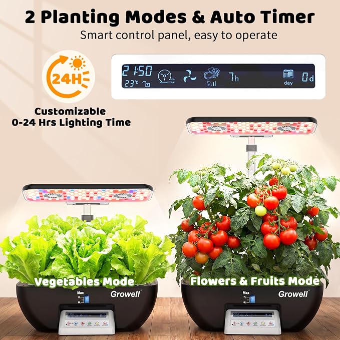 Growell Hydroponics Growing System Kit, 17 Pods Indoor Herb Garden with 2 Fans Circulation, Grow Light, Smart Water Cycle, Auto Timer, 10L Water Tank,Perfect Indoor Gardening System Gifts(Black/White)