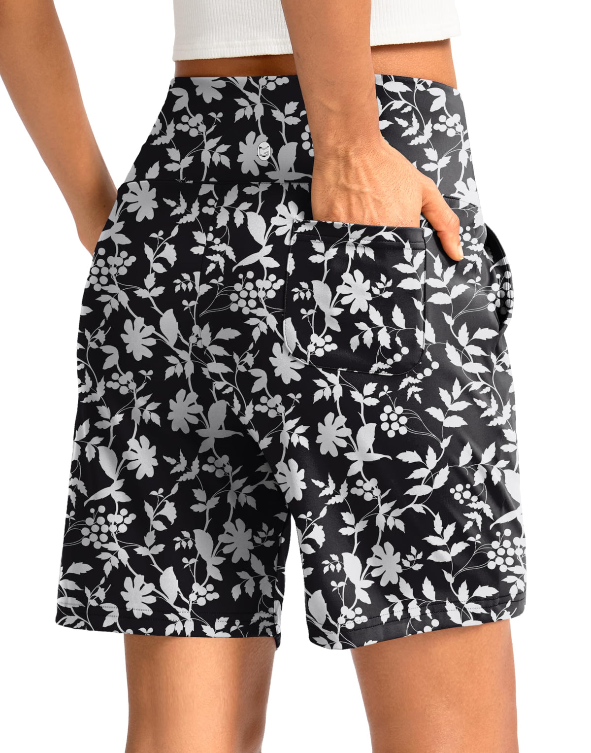 G Gradual Women's Bermuda Long Shorts with Pockets 7" High Waisted Knee Length Shorts for Women Walking Athletic Workout(White Flower-L7,S)