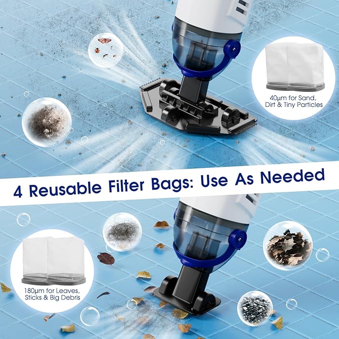 Cordless Handheld Pool Vacuum Cleaner 1110 GPH True Strong Suction 60min Run-time 40µm Ultra Fine Mesh Filter for Leaves Debris,with Aluminum Pole&Angle Head for Hot Tubs,Inground &Above Ground Pools