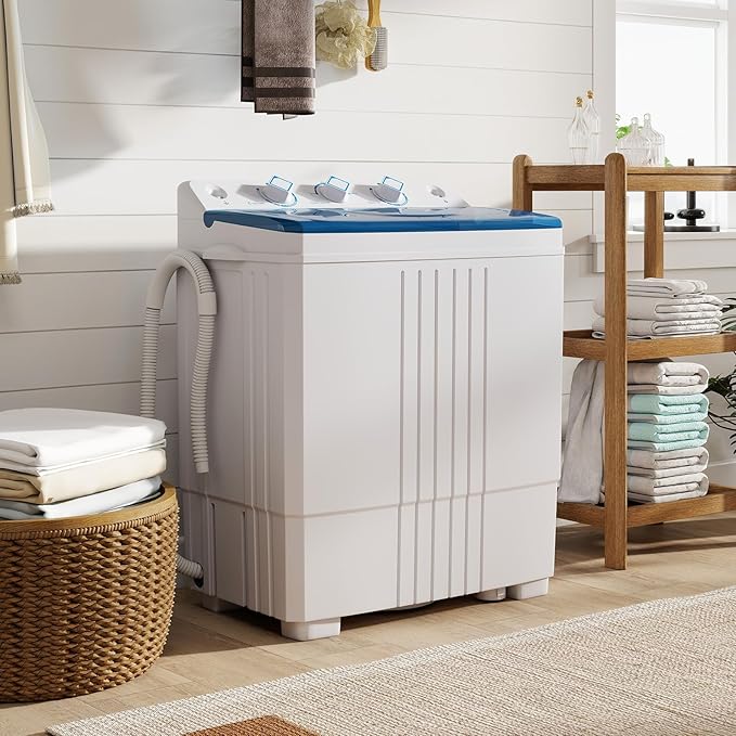 Giantex Portable Washing Machine, 20 LBS Washer & Spinner Combo with Built-in Drain Pump & Time Control, Compact Twin Tub 12 LBS Washing & 8 LBS Spin Drying for Apartment Dorm RV (Blue+White)