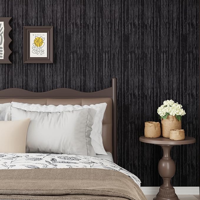 CRE8TIVE Black Grasscloth Wallpaper Peel and Stick Textured Black Wallpaper