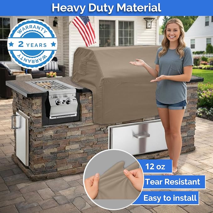 Covers & All Built-in Grill Cover for Outdoor Grill – Heavy Duty 12 oz Waterproof Built-in BBQ Grill Cover, PVC-Coated Polyester with Elastic Hem for Snug Fit (32.7 x 26 x 11.8 inches, Beige)
