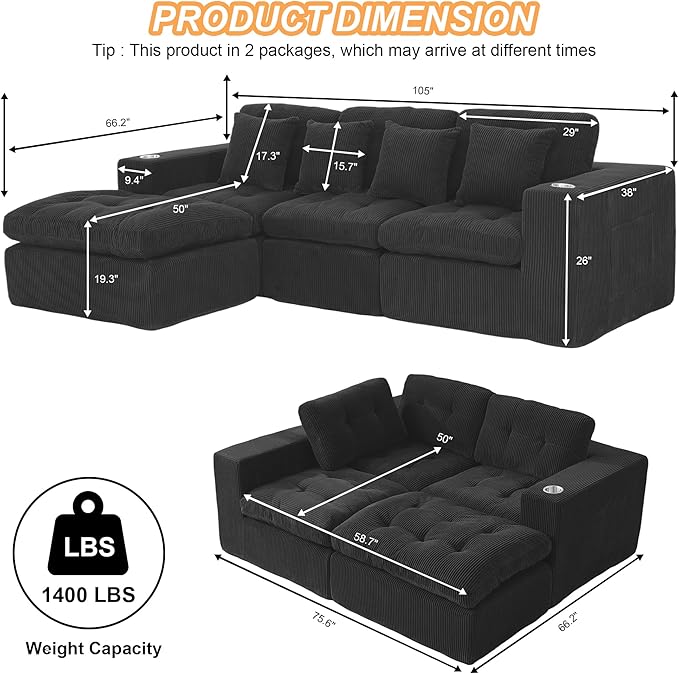 108 Inch Cloud Sectional Couch Modern Modular Sectional Sofa with Deep Seat - L Shaped Comfy 3 Seater Sectional Couches Memory Foam Boneless Fits Living Room & Bedroom, Black