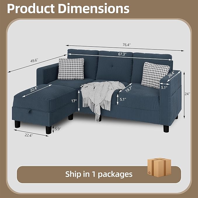 JAMFLY Convertible Sectional Couches for Living Room, L-Shaped Couch 3 Seat Sectional Sofa Set with Polyester Fabric and Movable Ottoman Small Couch for Apartments, Office(Blue)