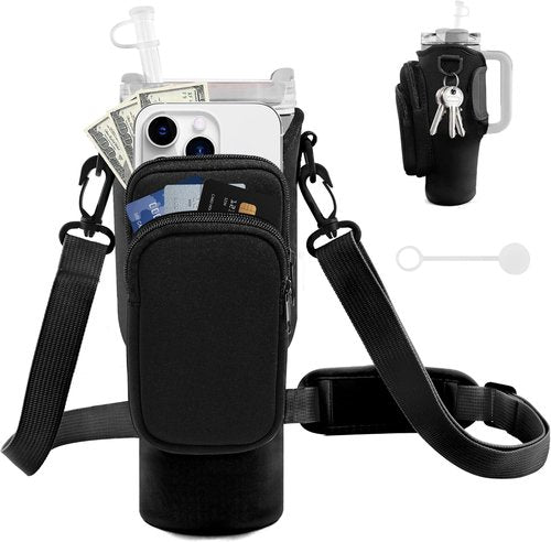 JEBEALUO Water Bottle Carrier Bag - Adjustable Strap & Phone Pocket for Stanley Cup 40/30 oz