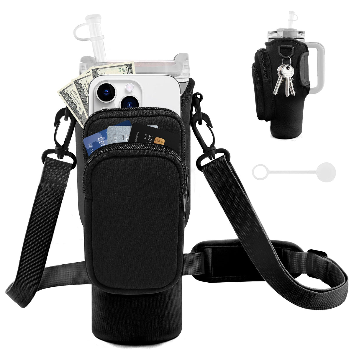JEBEALUO Water Bottle Carrier Bag with Phone Pocket for Stanley Cup 40/30 oz, Water Bottle Holder with Adjustable Strap& Straw Cover, Stanley Cup Accessories (Black)