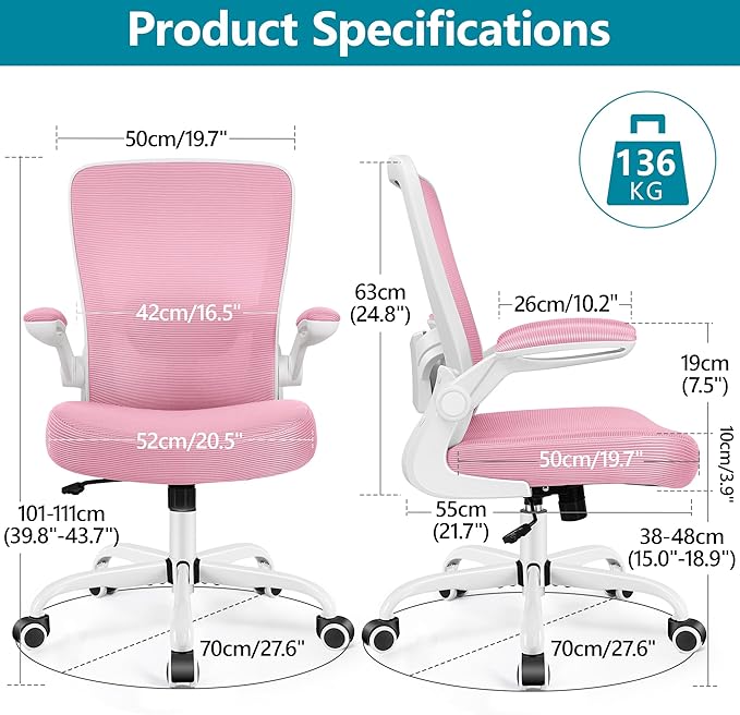 FelixKing Office Chair, Ergonomic Desk Chair Breathable Mesh Chairs Adjustable High Back Lumbar Support Flip-up Armrests, Executive Rolling Swivel Comfy Computer Chairs Home Office Pink