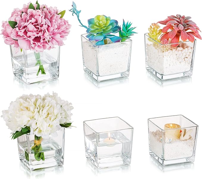 Square Glass Vases Set of 6 – Hewory 5"x5" Clear Cube Flower Vase Candle Holders for Wedding Centerpieces Home Decor Events Party Ceremony (Not Include Flower and Candle)