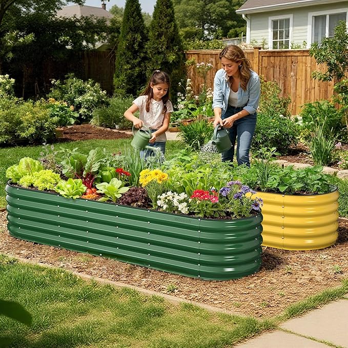 Winpull 8x2x1.5 ft Galvanized Steel Raised Garden Bed, Raised Garden Bed Kit, Galvanized Planter Box Outdoor, 18" Tall Oval Large Metal Raised Bed for Gardening Vegetables Flower Herb (Moss Green)