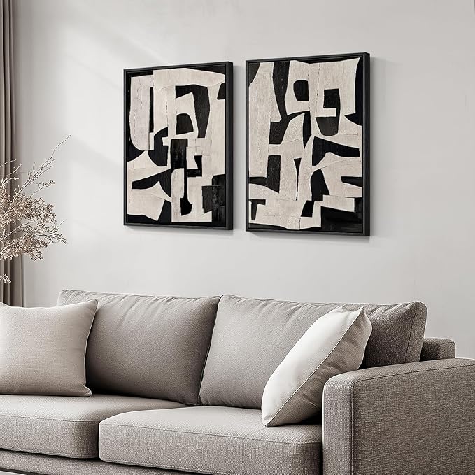 Framed Black and Beige Abstract Wall Art, 2 Piece Canvas Prints Paintings