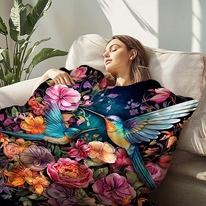 Firmiso Hummingbird Throw Blanket, Hummingbird Gifts for Women, Bird Blanket for Home Decor, Soft Lightweight Fleece, Washable No-Pilling, Single Sided, Hand/Machine Wash, 60x80 Inches