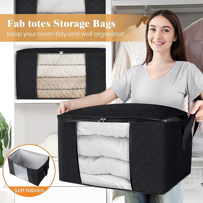 Fab totes 10 Pack Clothes Storage, Foldable Thick Fabric Blanket Storage Bags, Containers for Organizing Bedroom, Closet, Clothing, Comforter,Closet Organization with Handle,Black