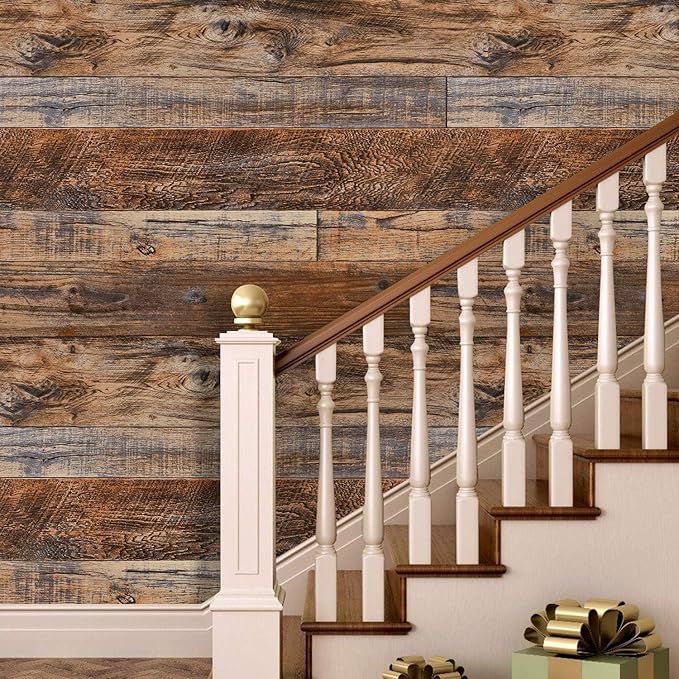 WENMER 23.6" x 394" Brown Wood Peel and Stick Wallpaper Shiplap Self Adhesive
