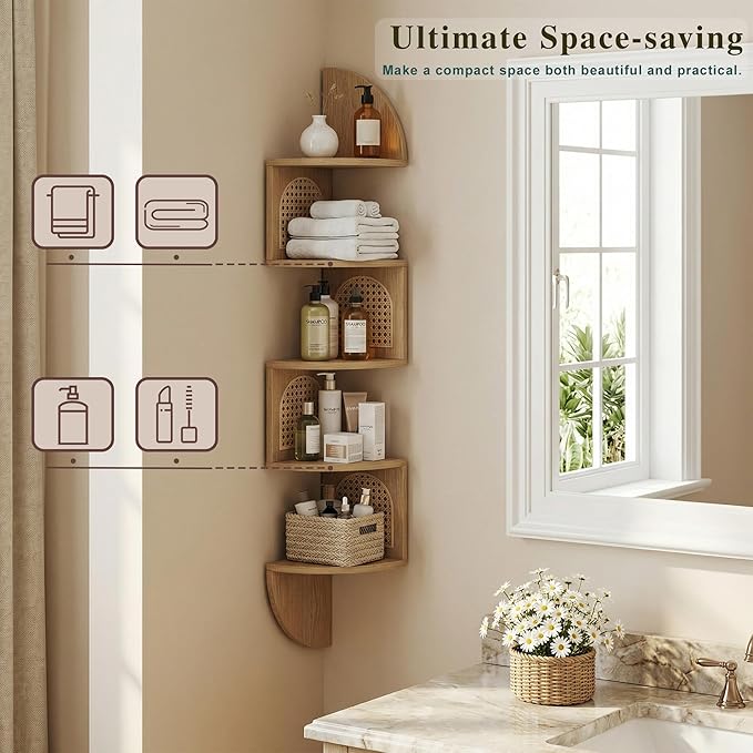 5-Tier Floating Corner Shelves for Wall, Zigzag Corner Shelf Unit, PVC Rattan