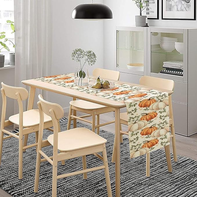 Fall Pumpkin Table Runner White Orange Vegetables Seeds Parsley Watercolor Hand-Painted Illustration Home Decor for Farmhouse Indoor Outdoor Party Holiday Dining Kitchen Restaurant Cafe W13xL60in