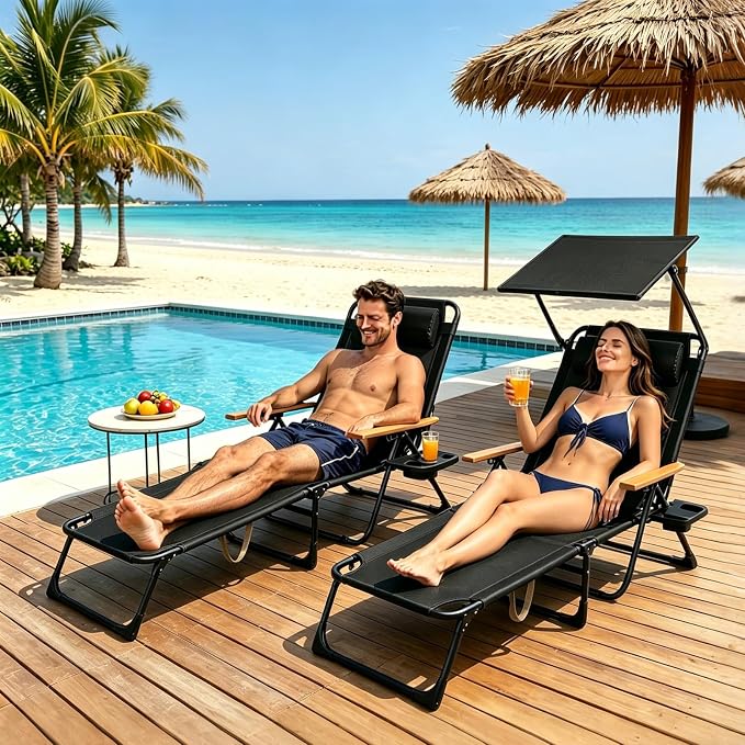 Folding Lounge Chairs for Outside, 4-Position Reclining Outdoor Lounge Chair, Sun Bathing Lounge Chair with Wooden Armrest, Pillow & Cup Holder, Reclining Beach Chair for Garden Beach Patio Camp
