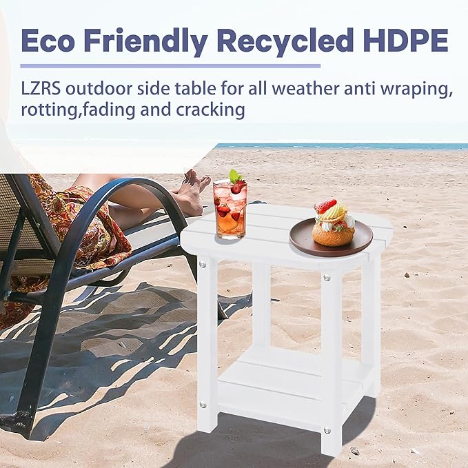 LZRS 2-Tier Patio Side Table, Heavy Duty HDPE Outdoor End Table with Wood Texture, Weatherproof Composite Table for Adirondack Chairs, Deck, Pool, Indoor/Outdoor, No Peeling Cracking(White)