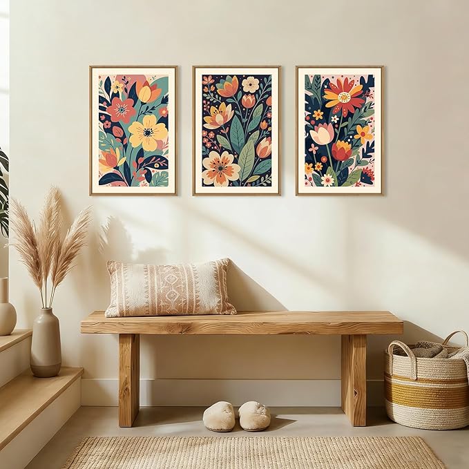 KAIRNE Vintage Colorful Floral Framed Canvas Wall Art Set,Mid Century Modern Flower Wall Decor,Retro Wildflower Art Prints,Boho Botanical Artwork for Living Room,Bedroom,Farmhouse,Office-24 x36 x3