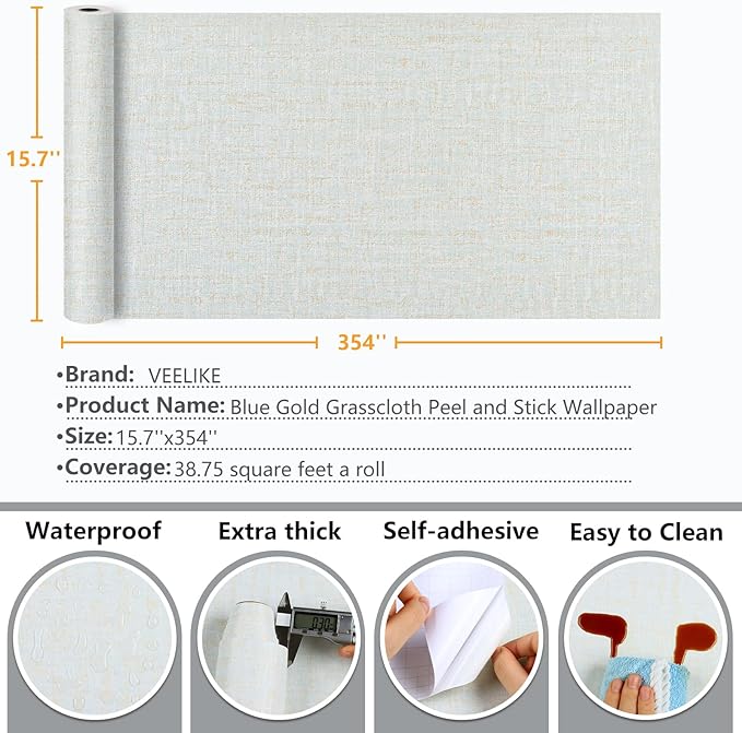 VEELIKE Pale Green Gold Grasscloth Wallpaper Textured Faux Grasscloth Peel and