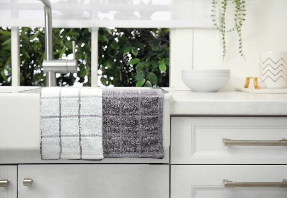 100% Cotton Terry Dish Cloth & Dish Towel, 6 Pack, Super Soft and Absorbent Kitchen Towels, Perfect for Kitchen Cleaning and Dish Washing (Grey (Solid and Checks) 8 Pack)