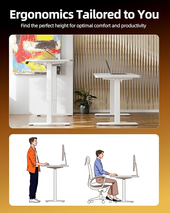 TIQLAB Electric Standing Desk,47 * 24 Inches Adjustable Height Stand up Desk, Sit Stand Home Office Table with Splice Board, White