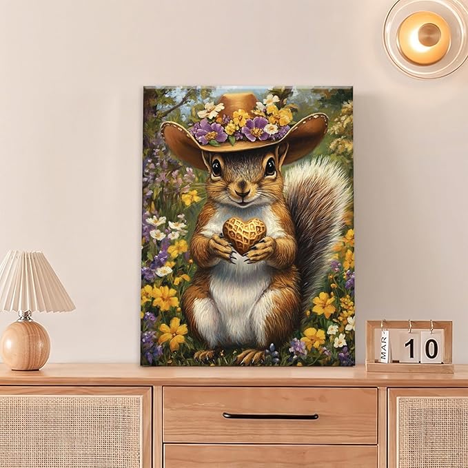 Western Squirrel Wall Art, Squirrel Peanut Pictures Wall Decor, Country Rustic Animal Canvas Prints, Forest Flower Painting, Framed Artwork for Bathroom Living Room Bedroom Dining Room 20"X16"