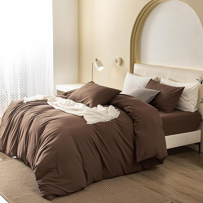 JIYUAN 100% Washed Cotton Duvet Cover Set 3 Pieces Cal King, 1 Duvet Cover 104x98 Inches(Comforter Not Included) and 2 Pillowcases,Linen Feel Bedding Set Comfy and Breathable,Chocolate Brown