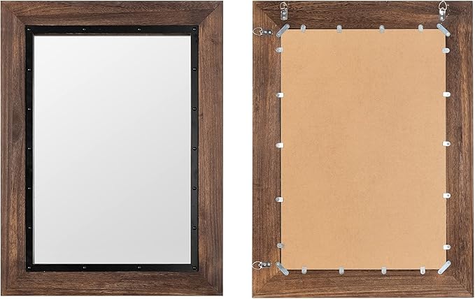 YOSHOOT Rustic Wooden Framed Wall Mirror, Natural Wood and Iron Bathroom Vanity