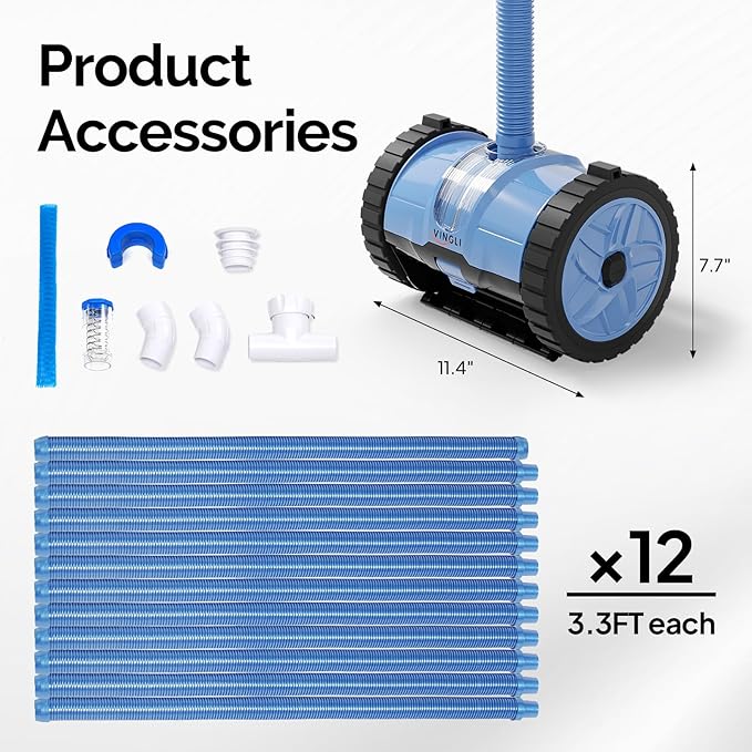 VINGLI Pool Vacuum Cleaner, Automatic Pool Sweeper for Ground&Inground Pools, Suction Side Wall-Climbing Sweeper with 39.6ft Tangle-Free Hose (Memory Blue&Gray)