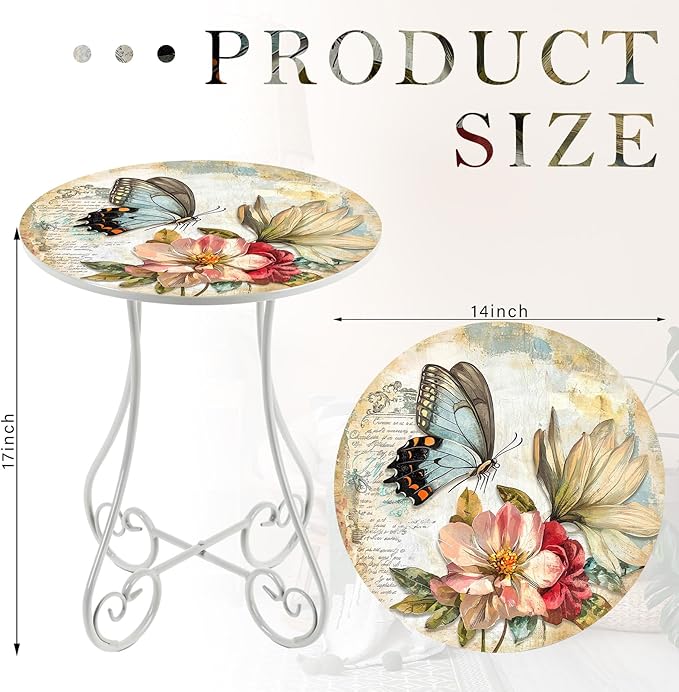 Cinnvoice 14 Inch Outdoor Side Table Round Small Patio Accent Weather Resistant Metal Elegant Indoor End Plant Coffee Tea Table for Yard Patio Outdoor Porch Garden Living Room(Watercolor Butterfly)