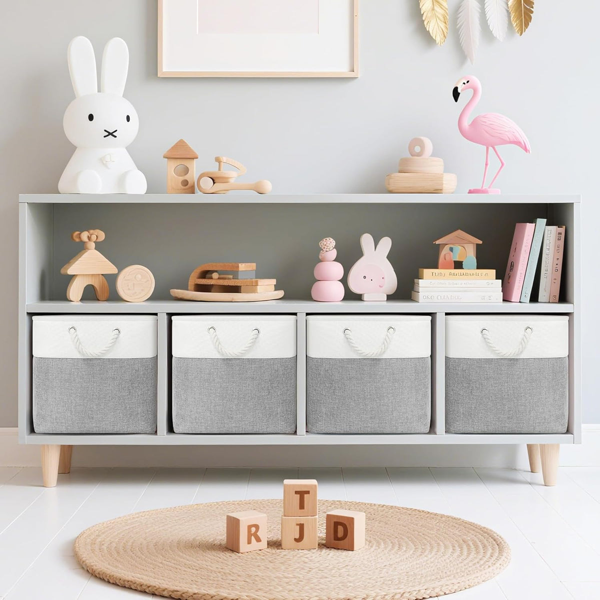 13x13 Inch Cube Storage Bins with Reinforced Bottom Cardboard, 6 Pack Large Collapsible Fabric Storage Cubes with Handles for Shelf, Closet, Toy, Laundry Organization (White&Gray)