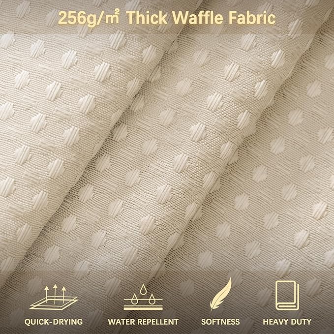 Beige Fabric Shower Curtain - Waffle Textured Heavy Duty Shower Curtains for Bathroom, 256GSM Hotel Spa Luxury Weighted Bath Curtain with 12 Hooks, 72x96, Beige