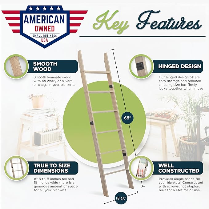 Blanket Ladder for Living Room and Bedroom, 5ft 8 inch, 6-Tier Wall Leaning Laminate No-Snag Construction (Smokey Oak) Rustic Decorative Farmhouse Blanket Storage, Quilt Rack, Ladder Shelf