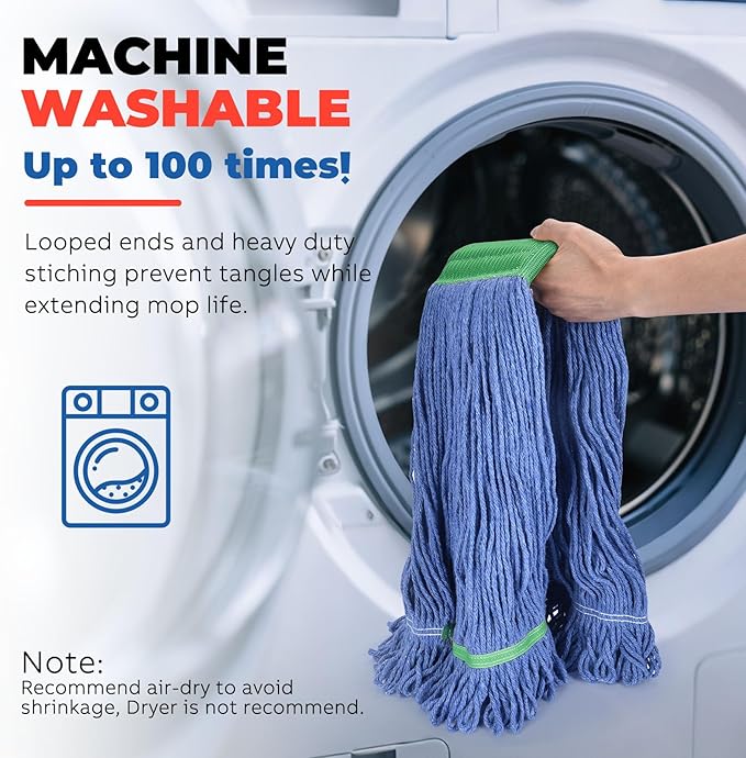 Onesimus 18 oz Heavy Duty Mop Head Replacement, 5 Inch Headband for Quick Change Handle, Blue Loop-End Cotton Blend String Wet Dry Floor Mop Refill Commercial Cleaning Supplies, 1 Pack Medium
