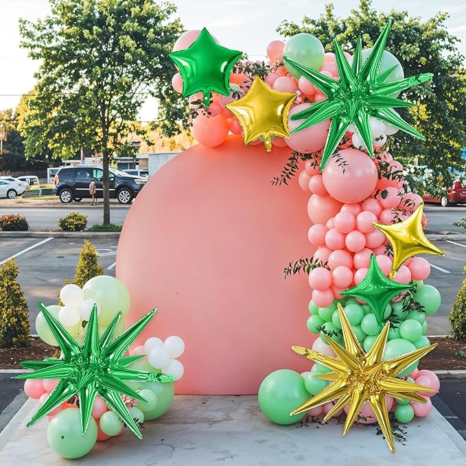 Gold Green Star Balloon,16Pcs Star Foil Balloons Set with 22Inch Explosion Spike Cone Balloons and 10Inch Quadrangle Helium Balloon for Birthday Wedding Baby Shower Party Decorations