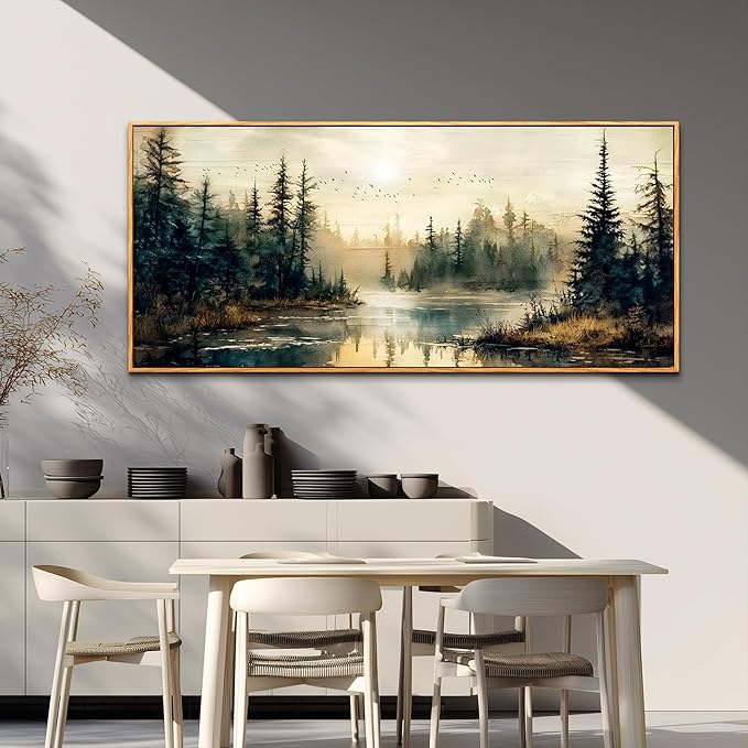 FUHAIHUA Wood Framed Large Wall Decor For Living Room Canvas Wall Art For Office Farmhouse Wall Decorations For Bedroom Forest River Landscape Paintings Modern Pictures Artwork Room Home Decor 32x72 In