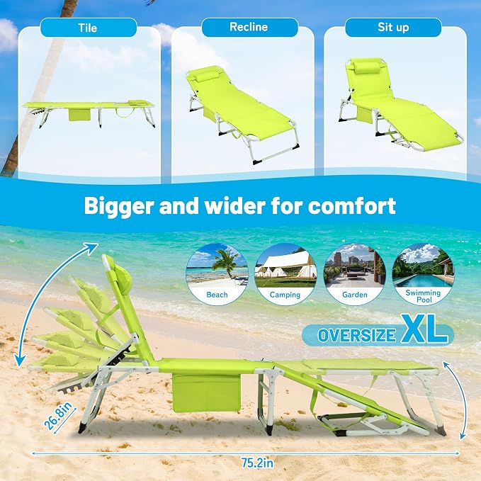 Outdoor Chaise Lounge with Detachable Pillow, Reclining Folding Chair with 5-Position Adjustable Back, Portable Tanning Chair For Beach, Pool, Lawn, Breathable Mesh Seat, No Assembly (Green 3)