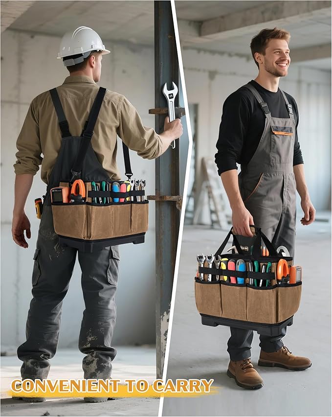 Marscamd Waxed Canvas Tool Bag with Hard Bottom and 8 Pockets, Large Tool Tote with Shoulder Strap for Tools & Gardening, Khaki