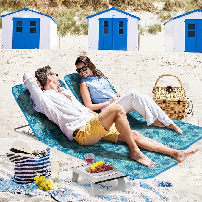 Giantex Beach Chairs with Side Table - 2 Pack Folding Lounge Chairs for Adults, 5 Position Adjustable Lawn Chair for Outdoor Sunbathing, Patio Chaise Lounge Lightweight Backpack Camping Chairs (Teal)